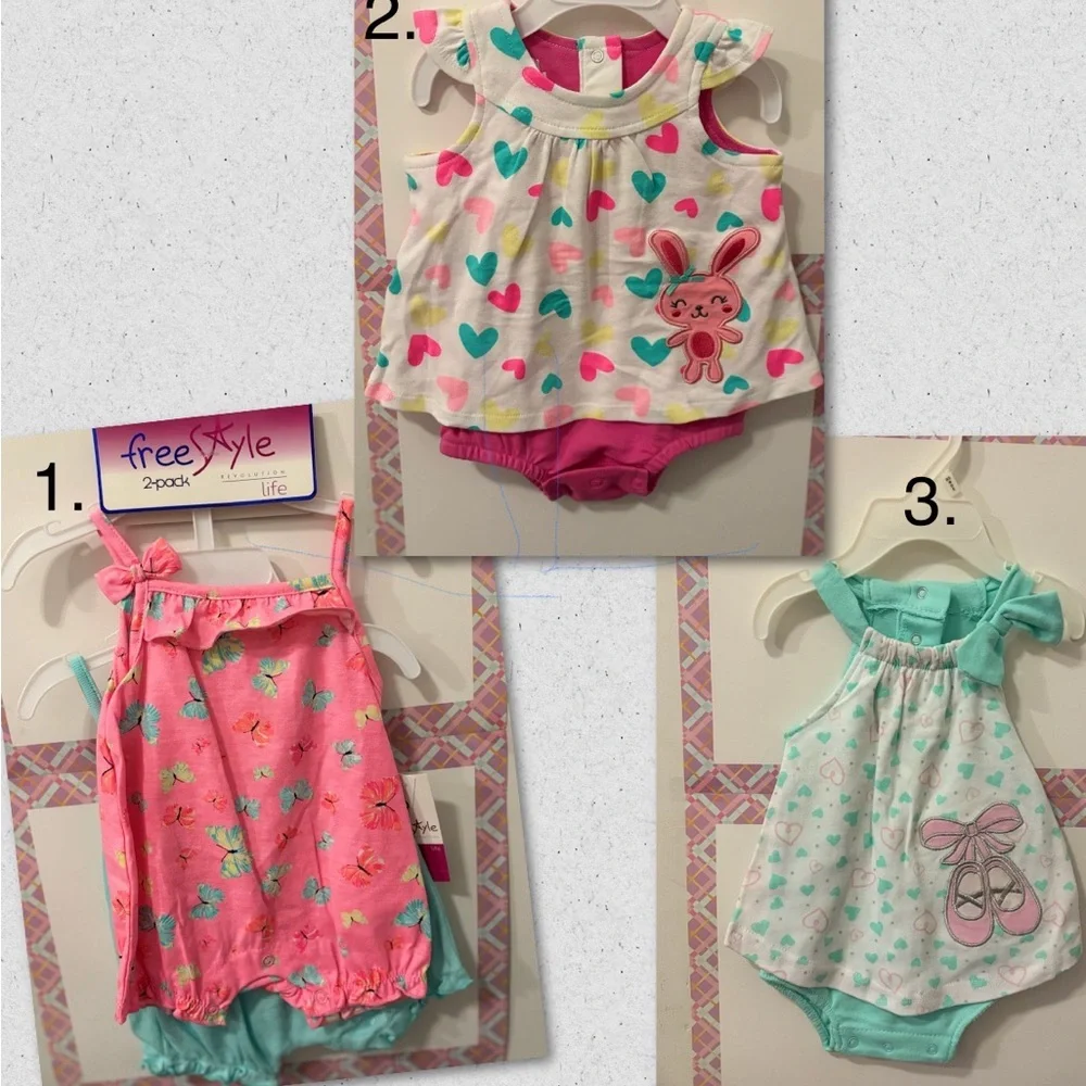Bundled-4pcs- Pink and Green Romper,Pink and White hearts outfit,Bon Bebe Aqua
